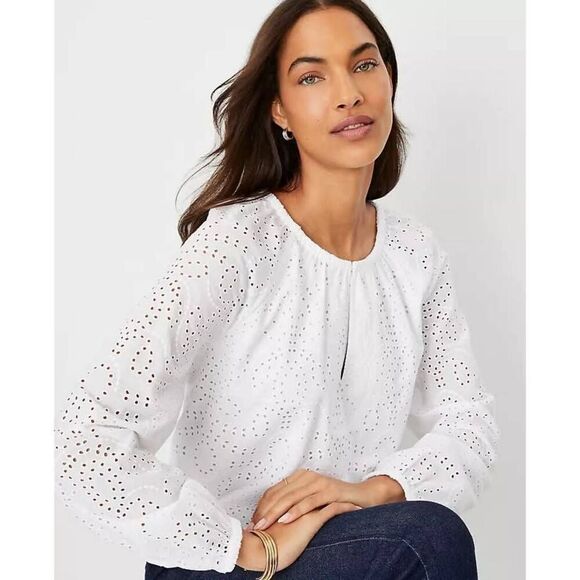 Ann Taylor Eyelet Top Women's Large White Long Raglan Sleeve Popover Blouse - Picture 4 of 11